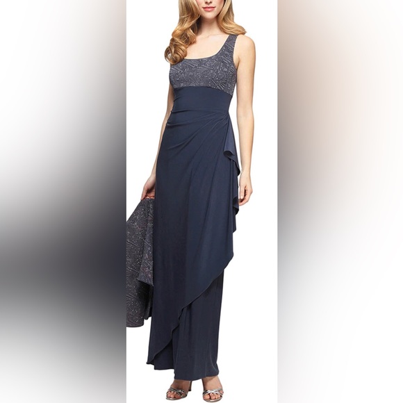 Alex Evenings Long Side Ruched Glitter Jacquard Knit Jersey Gown Size 6 NWT - Picture 3 of 16